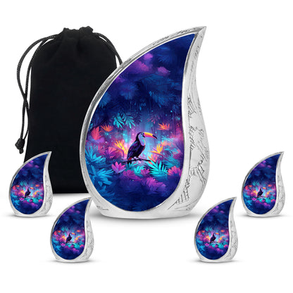 Soft Blue Hornbill Cremation Urn side profile showing urn shape - smooth teardrop contour featuring hornbill art - memorial set with one large and four small urns