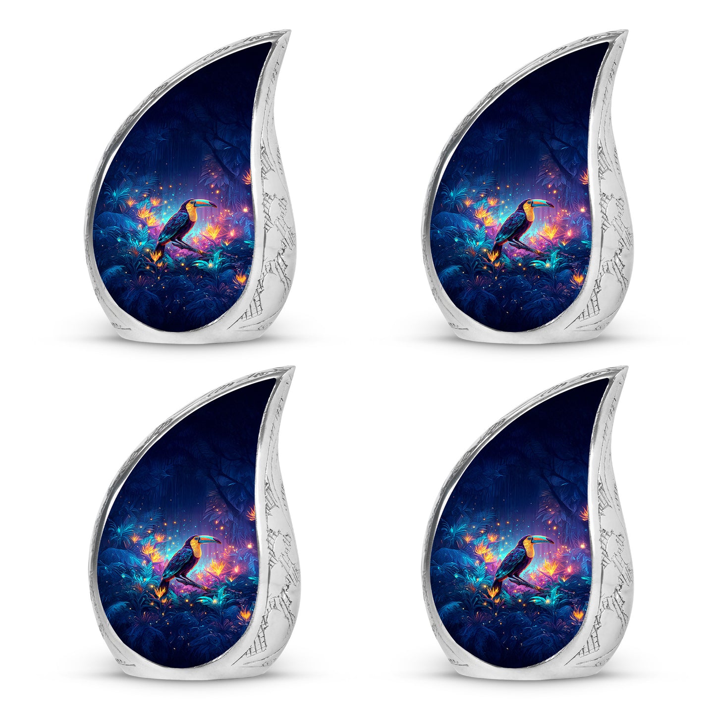 Cornflower Blue Hornbill Cremation Urn close-up of engraving and surface detail - smooth teardrop contour featuring hornbill art - 10 inch aluminum urn for cremated remains