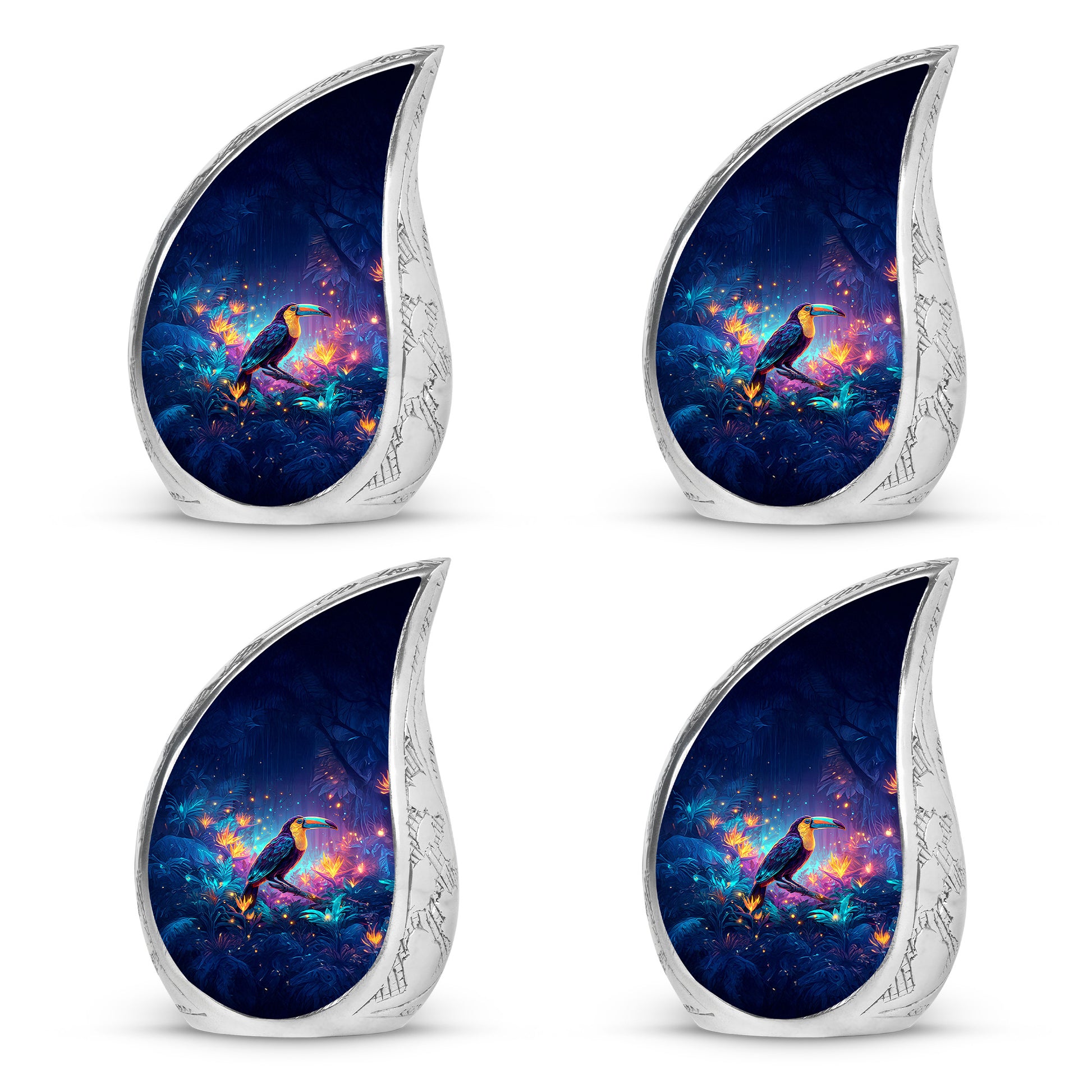 Cornflower Blue Hornbill Cremation Urn close-up of engraving and surface detail - smooth teardrop contour featuring hornbill art - 10 inch aluminum urn for cremated remains