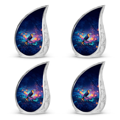 Cornflower Blue Hornbill Cremation Urn close-up of engraving and surface detail - smooth teardrop contour featuring hornbill art - 10 inch aluminum urn for cremated remains
