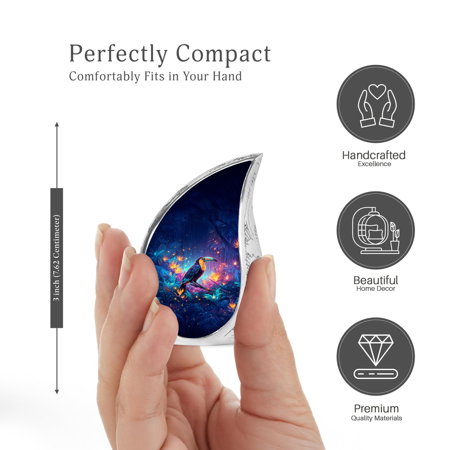 Steel Blue Hornbill Cremation Urn angled view of lid and engraved motif - smooth teardrop contour featuring hornbill art - mini keepsake memorial for portion of cremation ashes