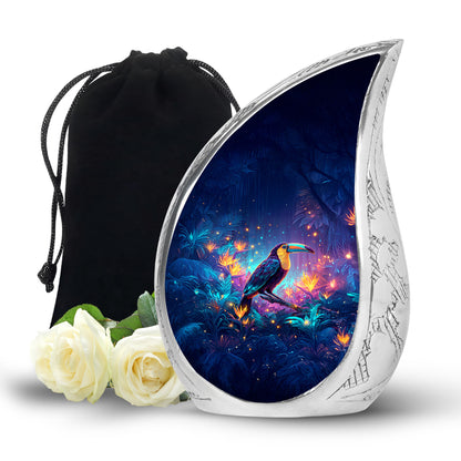 Celestial Blue Hornbill Cremation Urn front view showing detailed design - rounded teardrop hornbill design with delicate detail - full-size 10 inch 200 cubic inch adult cremation urn