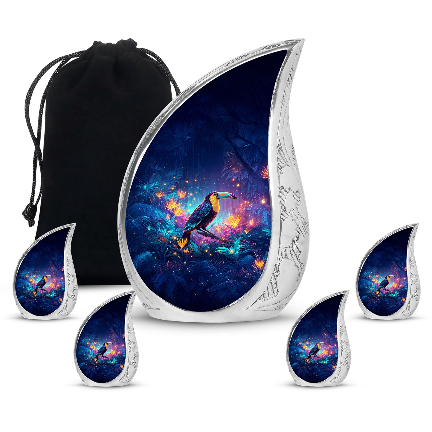 Twilight Blue Hornbill Cremation Urn side profile showing urn shape - smooth teardrop contour featuring hornbill art - memorial set with one large and four small urns
