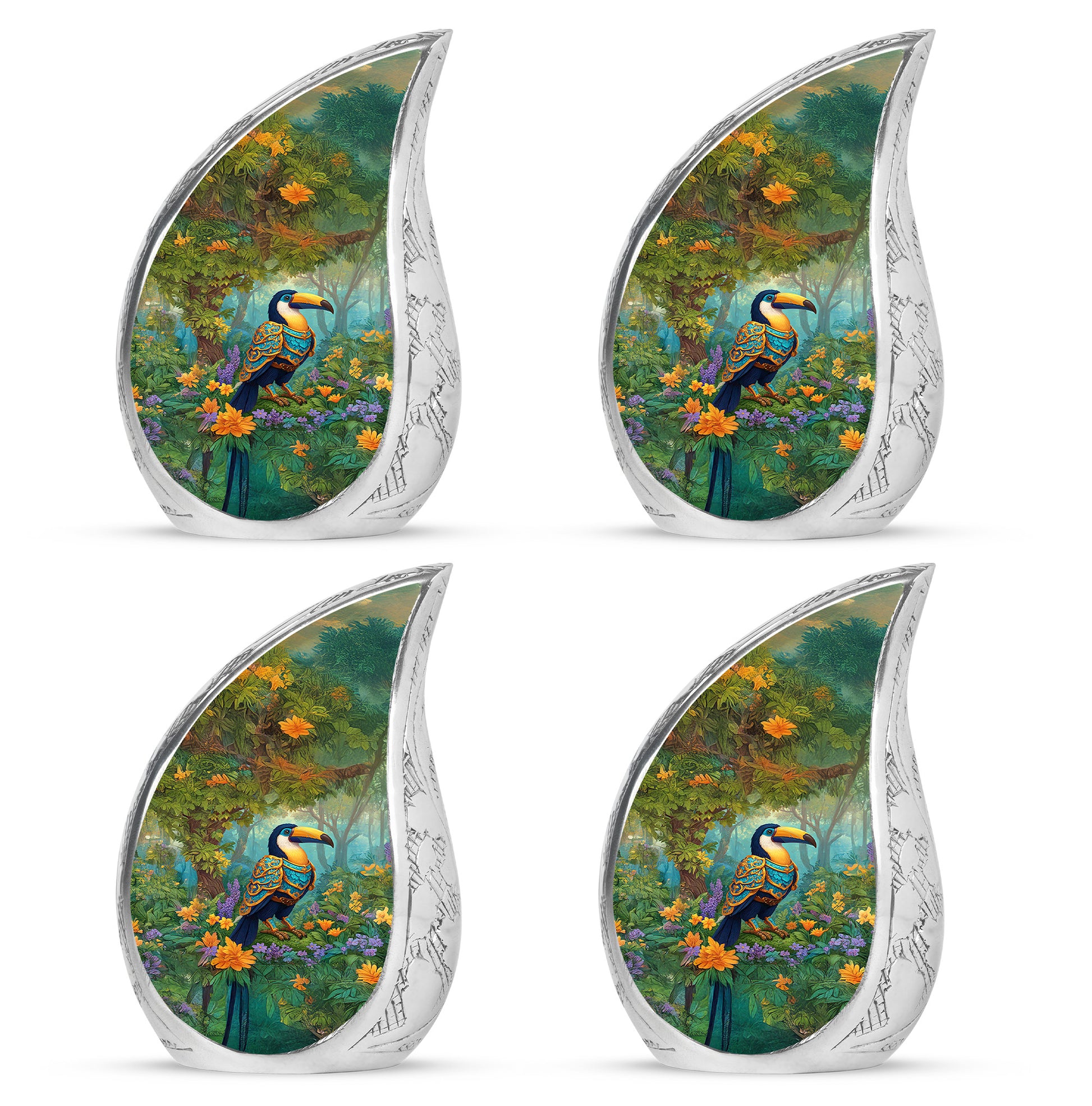 Sunshine Yellow Hornbill Cremation Urn close-up of engraving and surface detail - smooth teardrop contour featuring hornbill art - 10 inch aluminum urn for cremated remains