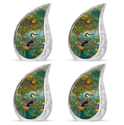 Sunshine Yellow Hornbill Cremation Urn close-up of engraving and surface detail - smooth teardrop contour featuring hornbill art - 10 inch aluminum urn for cremated remains