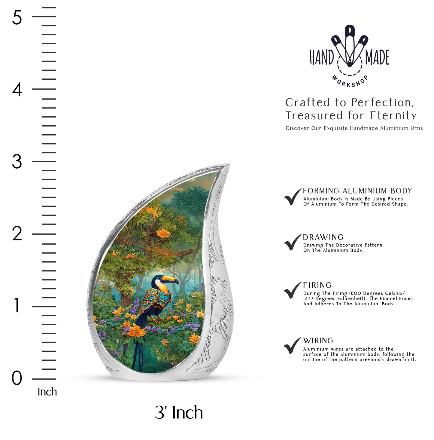 Golden Yellow Hornbill Cremation Urn angled view of lid and engraved motif - rounded teardrop hornbill design with delicate detail - mini keepsake memorial for portion of cremation ashes