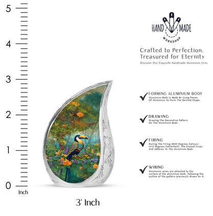 Golden Yellow Hornbill Cremation Urn angled view of lid and engraved motif - rounded teardrop hornbill design with delicate detail - mini keepsake memorial for portion of cremation ashes