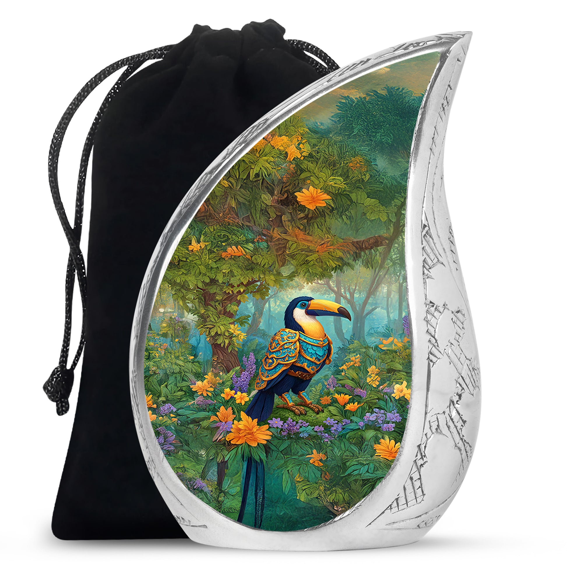 Amber Yellow Hornbill Cremation Urn front view showing detailed design - flowing teardrop hornbill silhouette on curved aluminum - full-size 10 inch 200 cubic inch adult cremation urn
