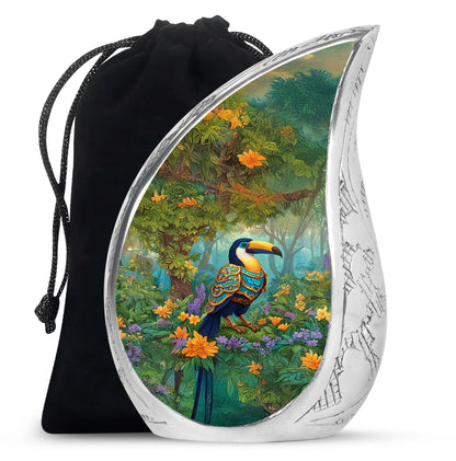 Amber Yellow Hornbill Cremation Urn front view showing detailed design - flowing teardrop hornbill silhouette on curved aluminum - full-size 10 inch 200 cubic inch adult cremation urn