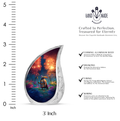 Petal Pink Hornbill Cremation Urn angled view of lid and engraved motif - smooth teardrop contour featuring hornbill art - mini keepsake memorial for portion of cremation ashes