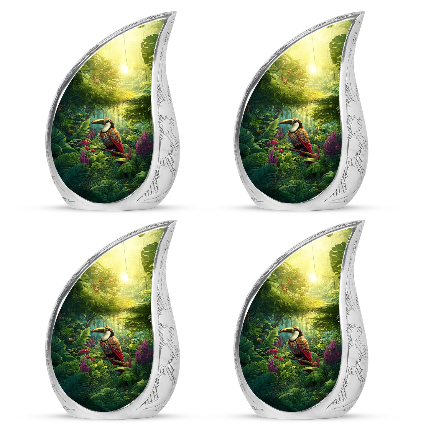 Buttercup Yellow Hornbill Cremation Urn close-up of engraving and surface detail - rounded teardrop hornbill design with delicate detail - 10 inch aluminum urn for cremated remains