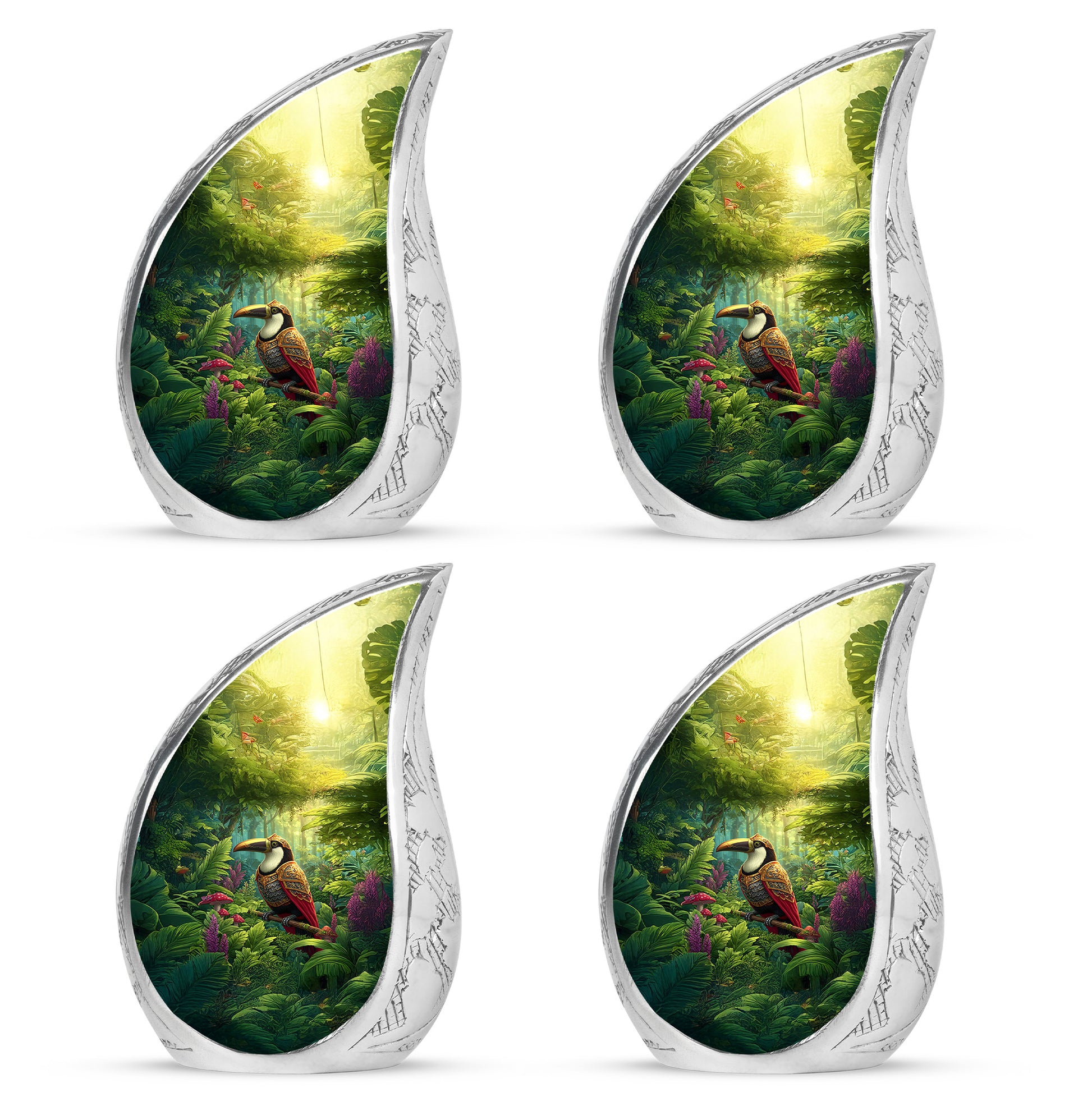 Buttercup Yellow Hornbill Cremation Urn close-up of engraving and surface detail - rounded teardrop hornbill design with delicate detail - 10 inch aluminum urn for cremated remains