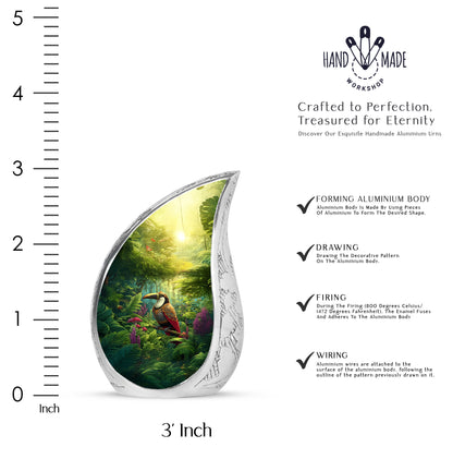 Lemon Yellow Hornbill Cremation Urn angled view of lid and engraved motif - graceful tear-shaped urn with hornbill motif - mini keepsake memorial for portion of cremation ashes