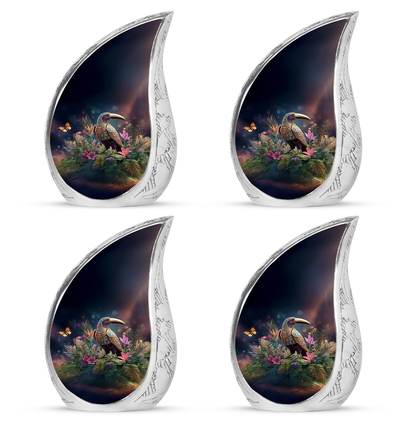 Ebony Hornbill Cremation Urn close-up of engraving and surface detail - rounded teardrop hornbill design with delicate detail - 10 inch aluminum urn for cremated remains