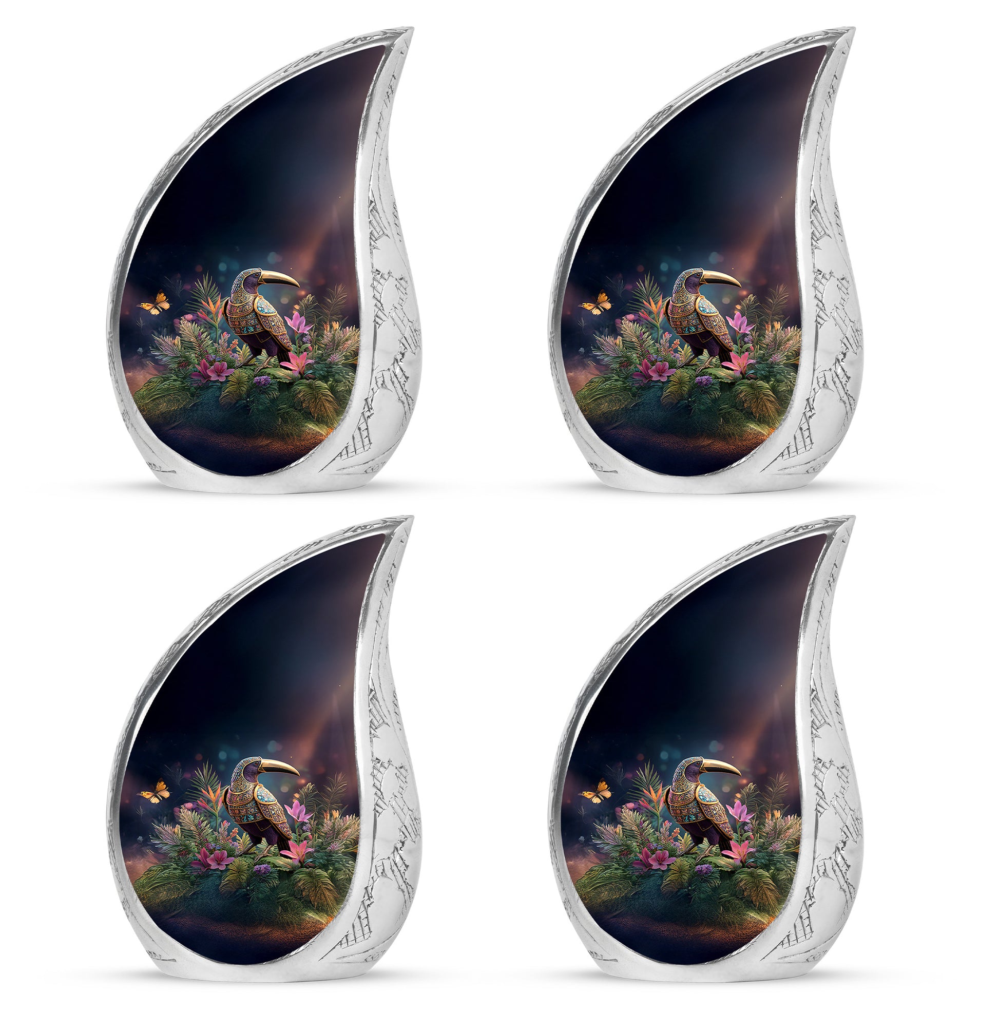 Ebony Hornbill Cremation Urn close-up of engraving and surface detail - rounded teardrop hornbill design with delicate detail - 10 inch aluminum urn for cremated remains