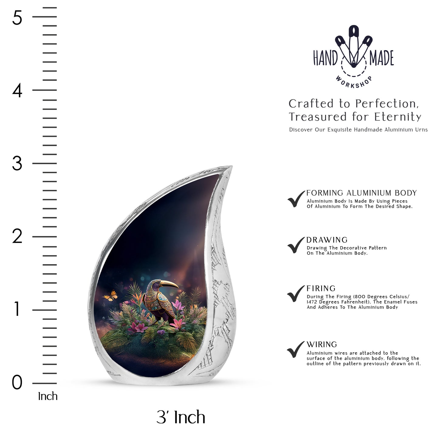 Charcoal Black Hornbill Cremation Urn angled view of lid and engraved motif - graceful tear-shaped urn with hornbill motif - mini keepsake memorial for portion of cremation ashes