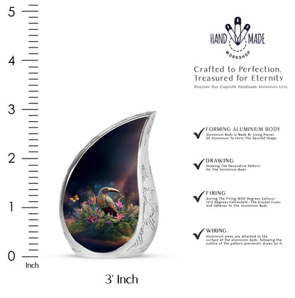 Charcoal Black Hornbill Cremation Urn angled view of lid and engraved motif - graceful tear-shaped urn with hornbill motif - mini keepsake memorial for portion of cremation ashes