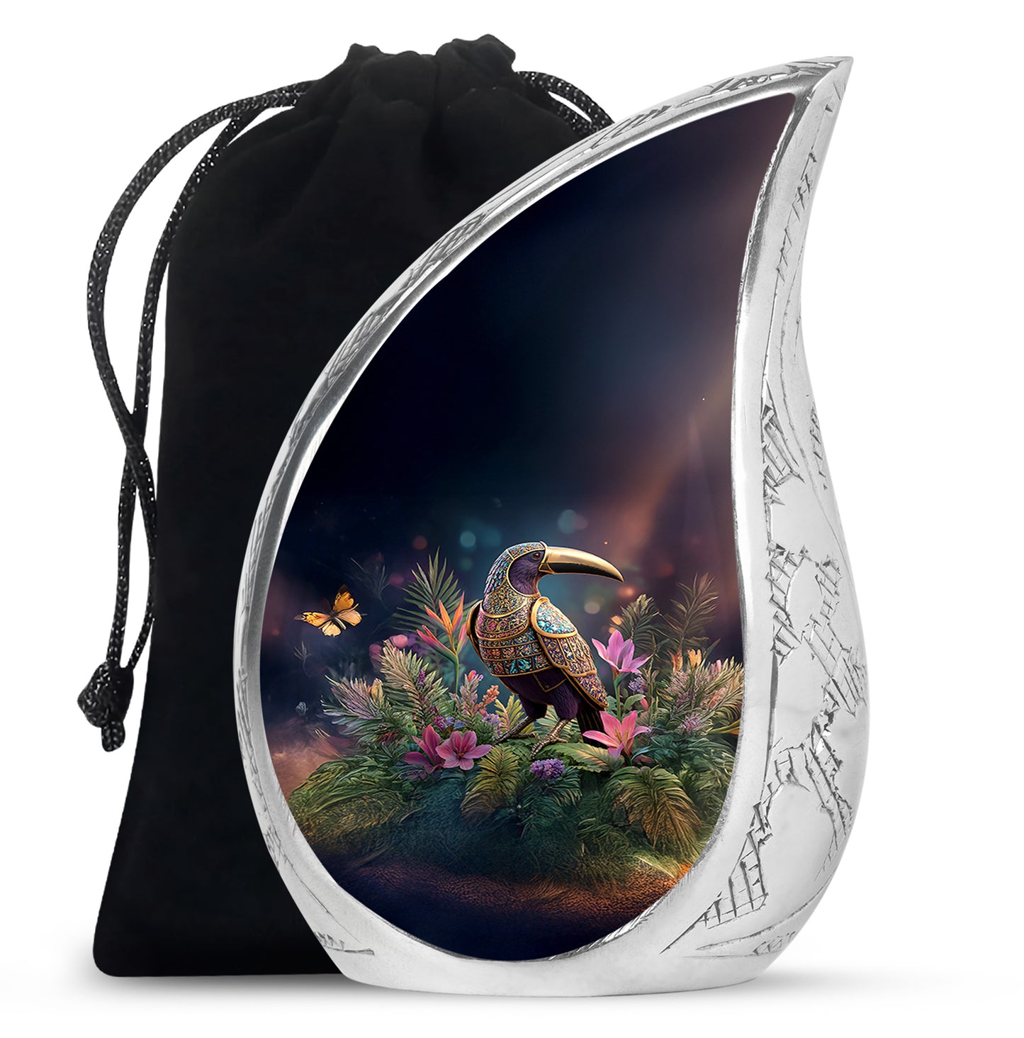 Midnight Black Hornbill Cremation Urn front view showing detailed design - graceful tear-shaped urn with hornbill motif - full-size 10 inch 200 cubic inch adult cremation urn