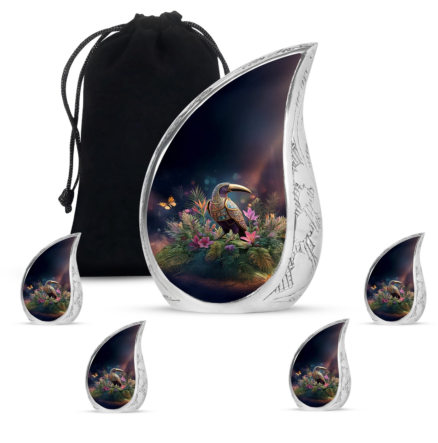 Deep Black Hornbill Cremation Urn side profile showing urn shape - rounded teardrop hornbill design with delicate detail - memorial set with one large and four small urns