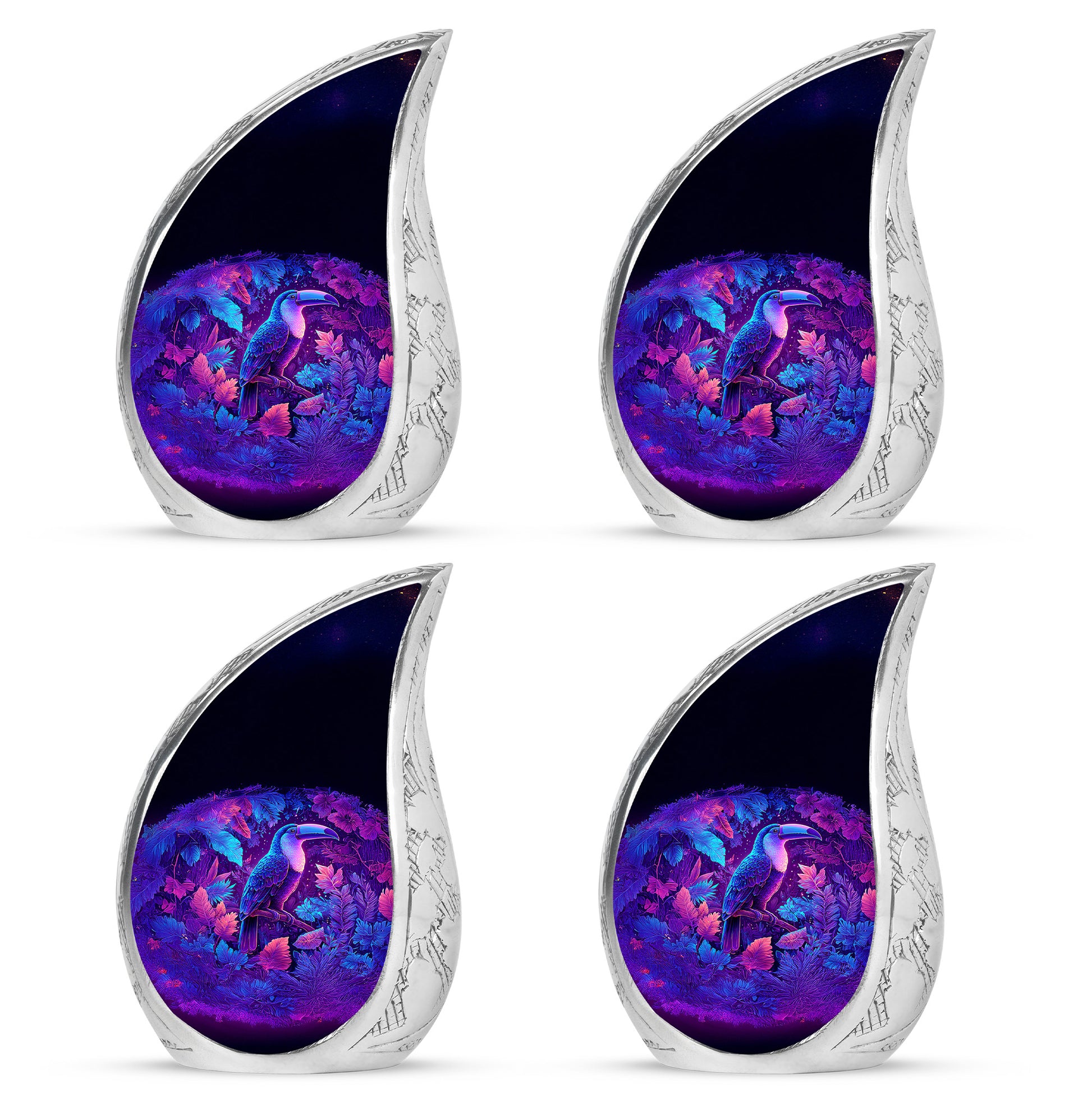Steel Blue Hornbill Cremation Urn close-up of engraving and surface detail - smooth teardrop contour featuring hornbill art - 10 inch aluminum urn for cremated remains