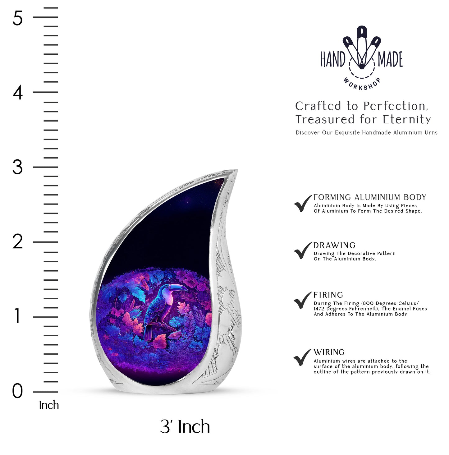 Royal Blue Hornbill Cremation Urn angled view of lid and engraved motif - graceful tear-shaped urn with hornbill motif - mini keepsake memorial for portion of cremation ashes