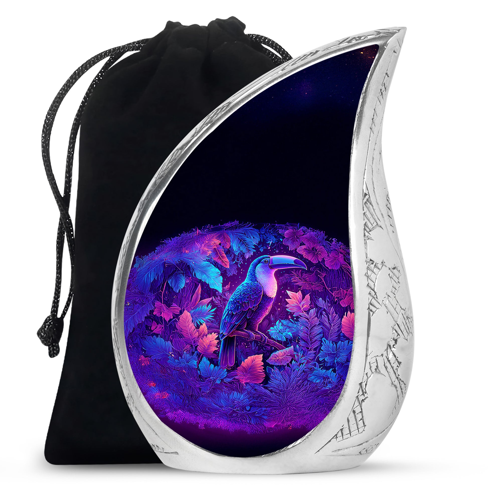 Dusty Blue Hornbill Cremation Urn front view showing detailed design - flowing teardrop hornbill silhouette on curved aluminum - full-size 10 inch 200 cubic inch adult cremation urn