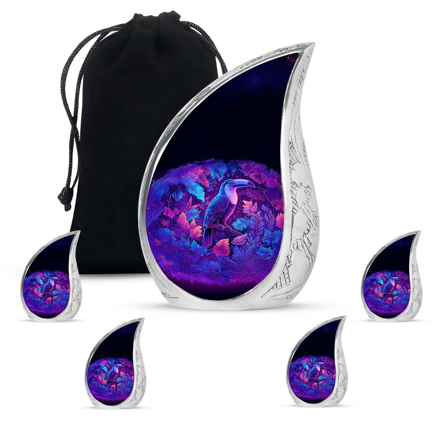 Sapphire Blue Hornbill Cremation Urn side profile showing urn shape - graceful tear-shaped urn with hornbill motif - memorial set with one large and four small urns