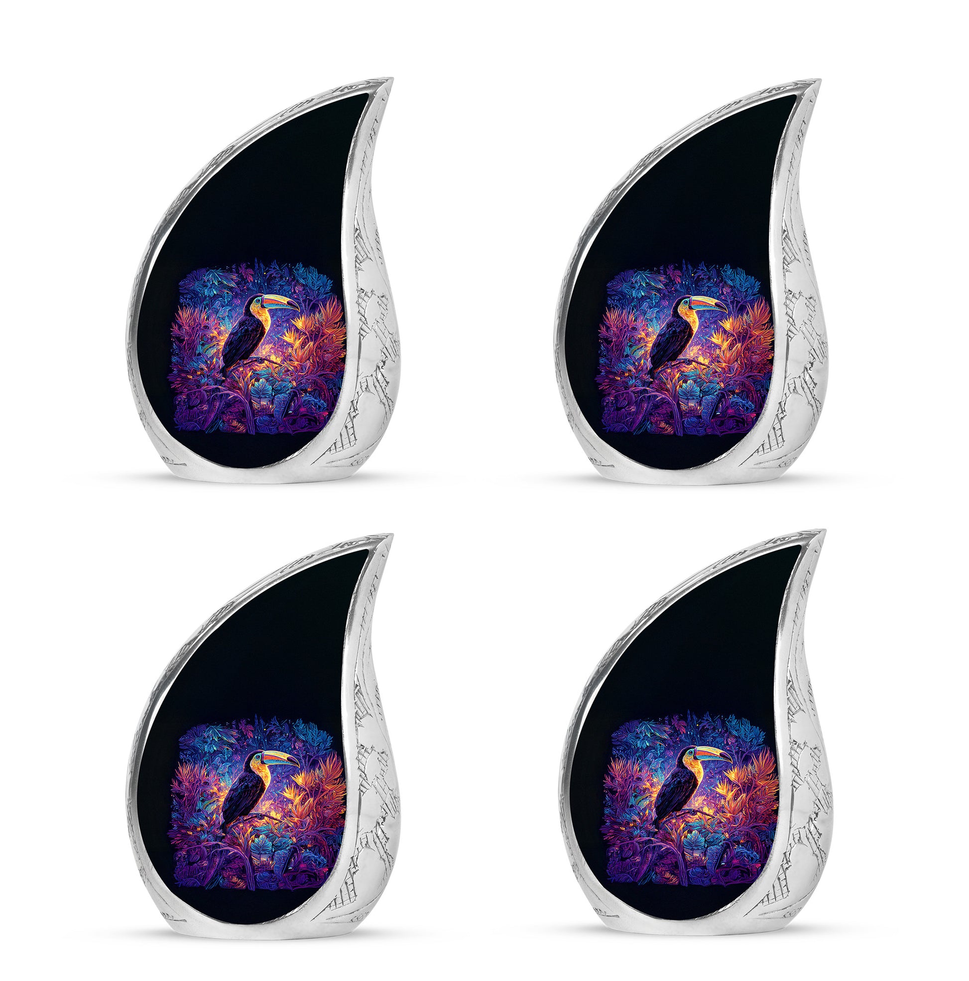 Indigo Hornbill Cremation Urn close-up of engraving and surface detail - flowing teardrop hornbill silhouette on curved aluminum - 10 inch aluminum urn for cremated remains
