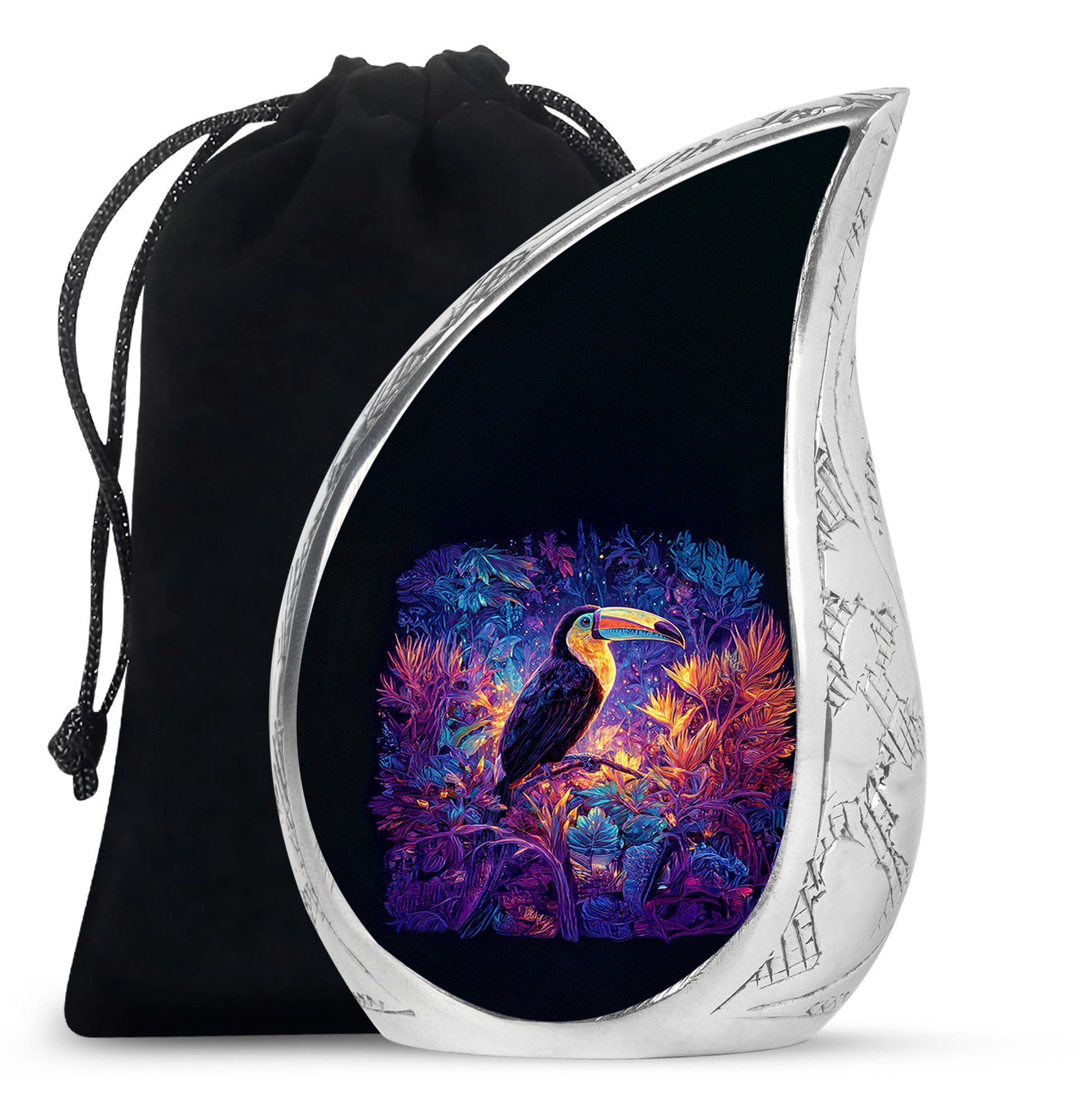 Powder Blue Hornbill Cremation Urn front view showing detailed design - flowing teardrop hornbill silhouette on curved aluminum - full-size 10 inch 200 cubic inch adult cremation urn