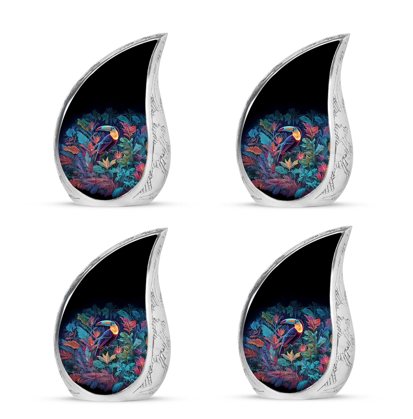 Vivid Blue Hornbill Cremation Urn close-up of engraving and surface detail - smooth teardrop contour featuring hornbill art - 10 inch aluminum urn for cremated remains