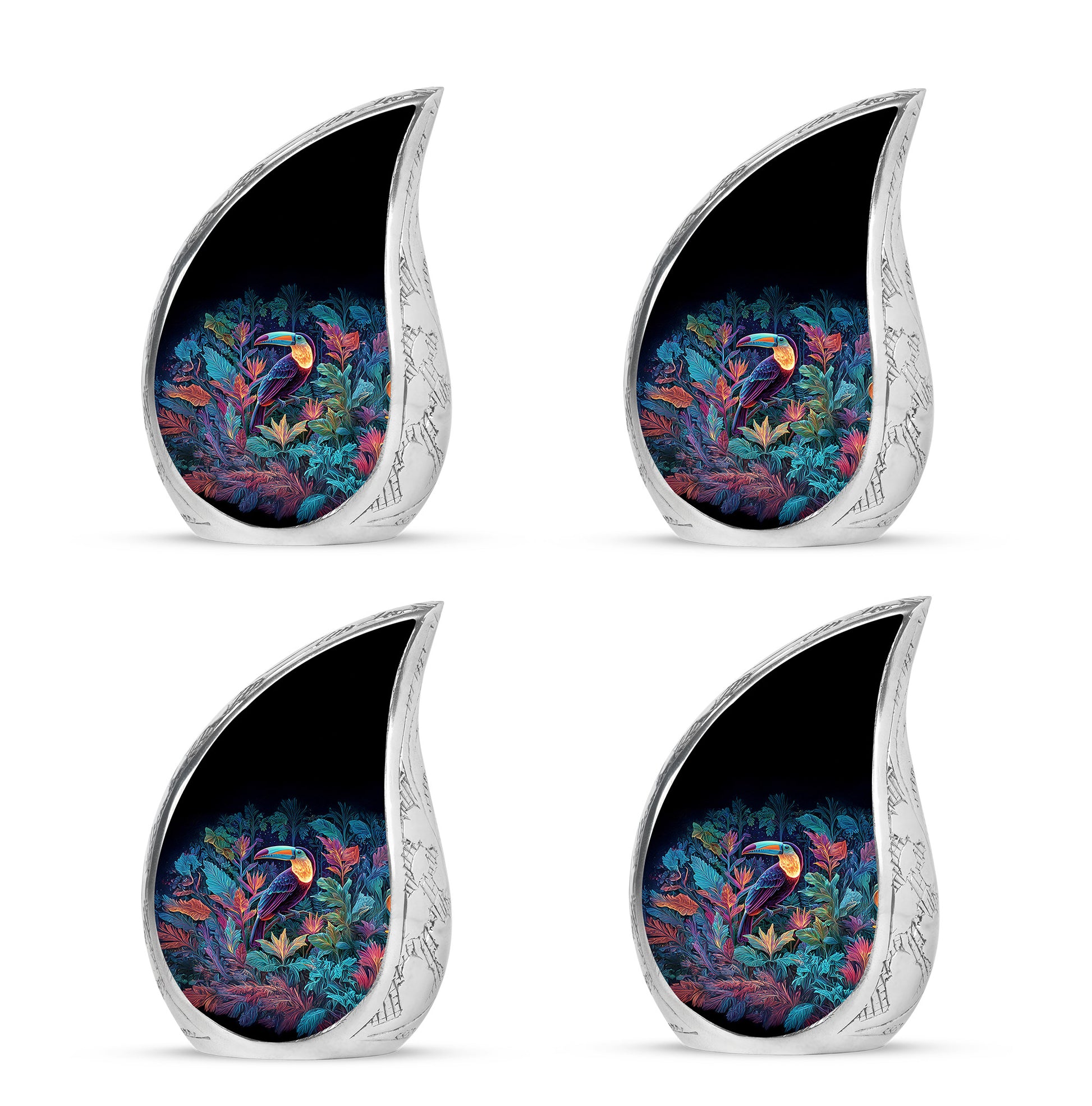 Vivid Blue Hornbill Cremation Urn close-up of engraving and surface detail - smooth teardrop contour featuring hornbill art - 10 inch aluminum urn for cremated remains