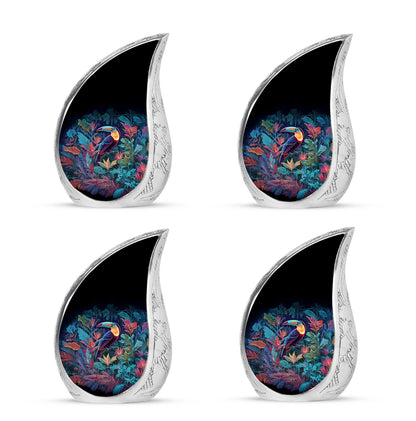 Vivid Blue Hornbill Cremation Urn close-up of engraving and surface detail - smooth teardrop contour featuring hornbill art - 10 inch aluminum urn for cremated remains