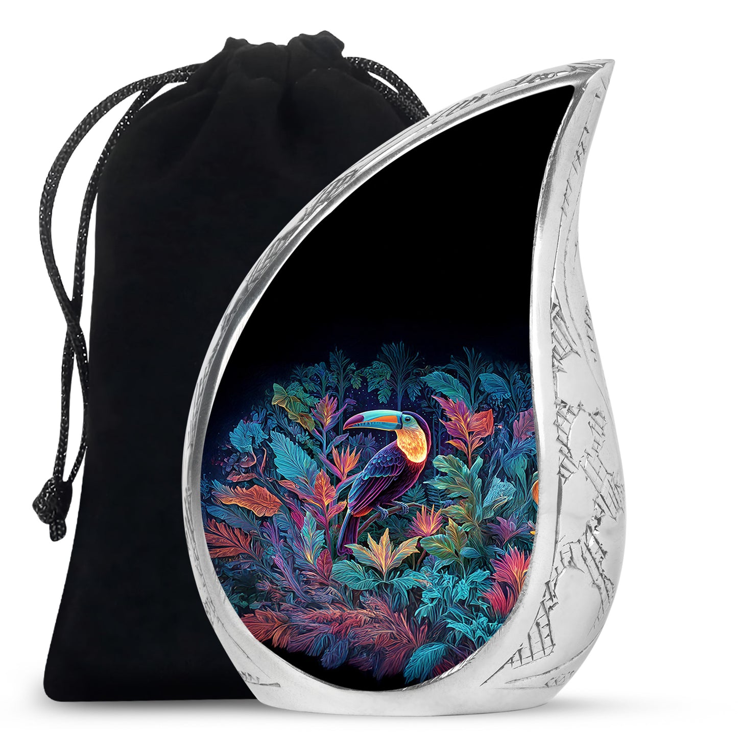 Pastel Blue Hornbill Cremation Urn front view showing detailed design - flowing teardrop hornbill silhouette on curved aluminum - full-size 10 inch 200 cubic inch adult cremation urn
