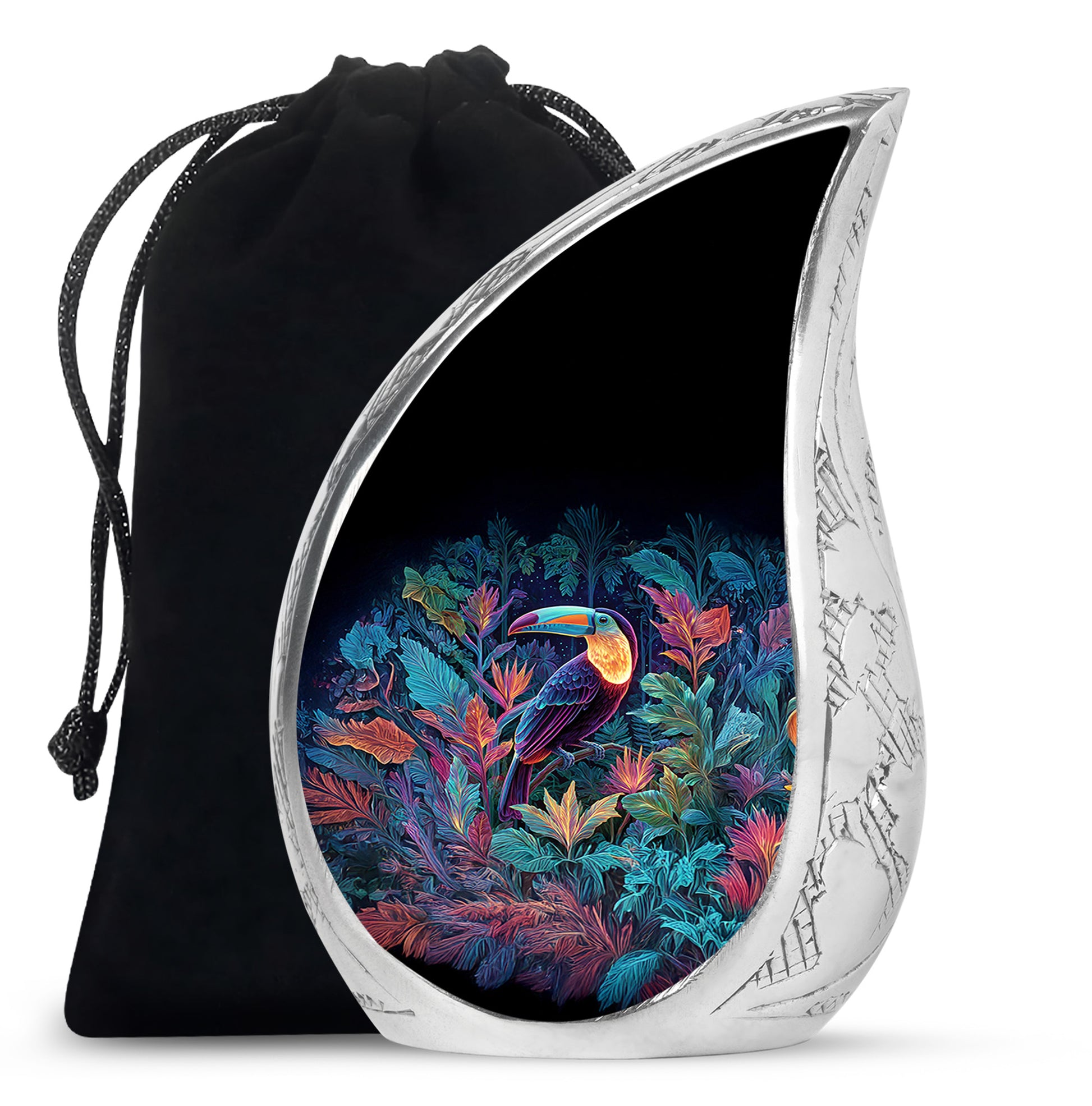 Pastel Blue Hornbill Cremation Urn front view showing detailed design - flowing teardrop hornbill silhouette on curved aluminum - full-size 10 inch 200 cubic inch adult cremation urn