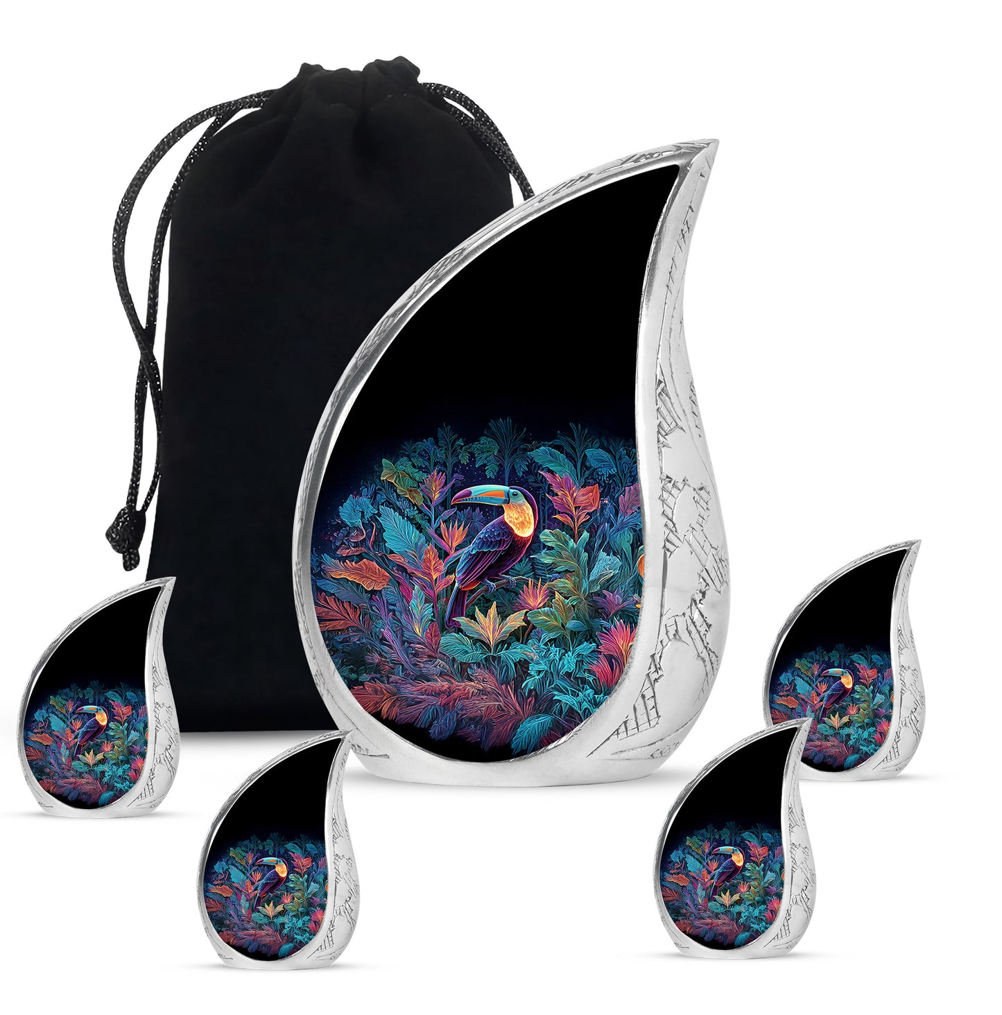 Sky Blue Hornbill Cremation Urn side profile showing urn shape - flowing teardrop hornbill silhouette on curved aluminum - memorial set with one large and four small urns