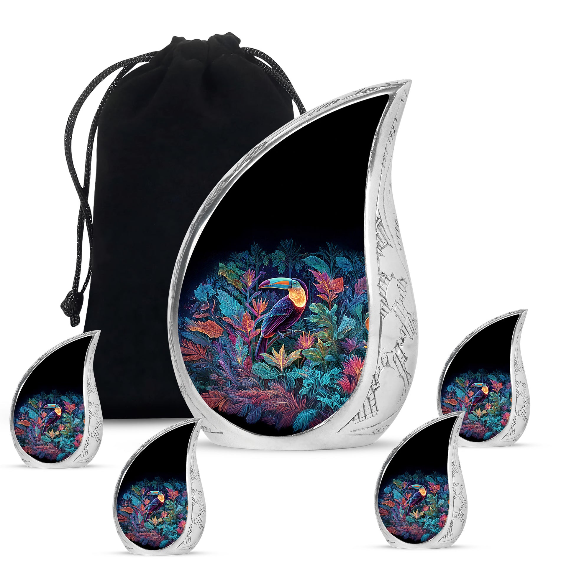 Sky Blue Hornbill Cremation Urn side profile showing urn shape - flowing teardrop hornbill silhouette on curved aluminum - memorial set with one large and four small urns