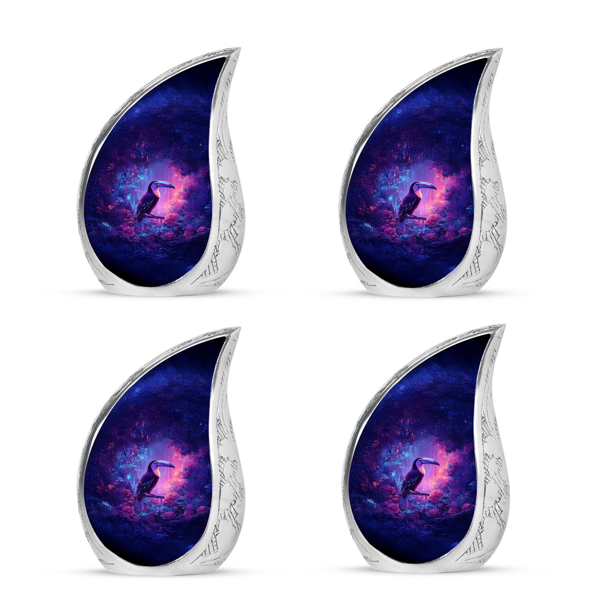Indigo Hornbill Cremation Urn close-up of engraving and surface detail - rounded teardrop hornbill design with delicate detail - 10 inch aluminum urn for cremated remains