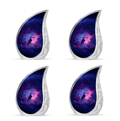 Indigo Hornbill Cremation Urn close-up of engraving and surface detail - rounded teardrop hornbill design with delicate detail - 10 inch aluminum urn for cremated remains