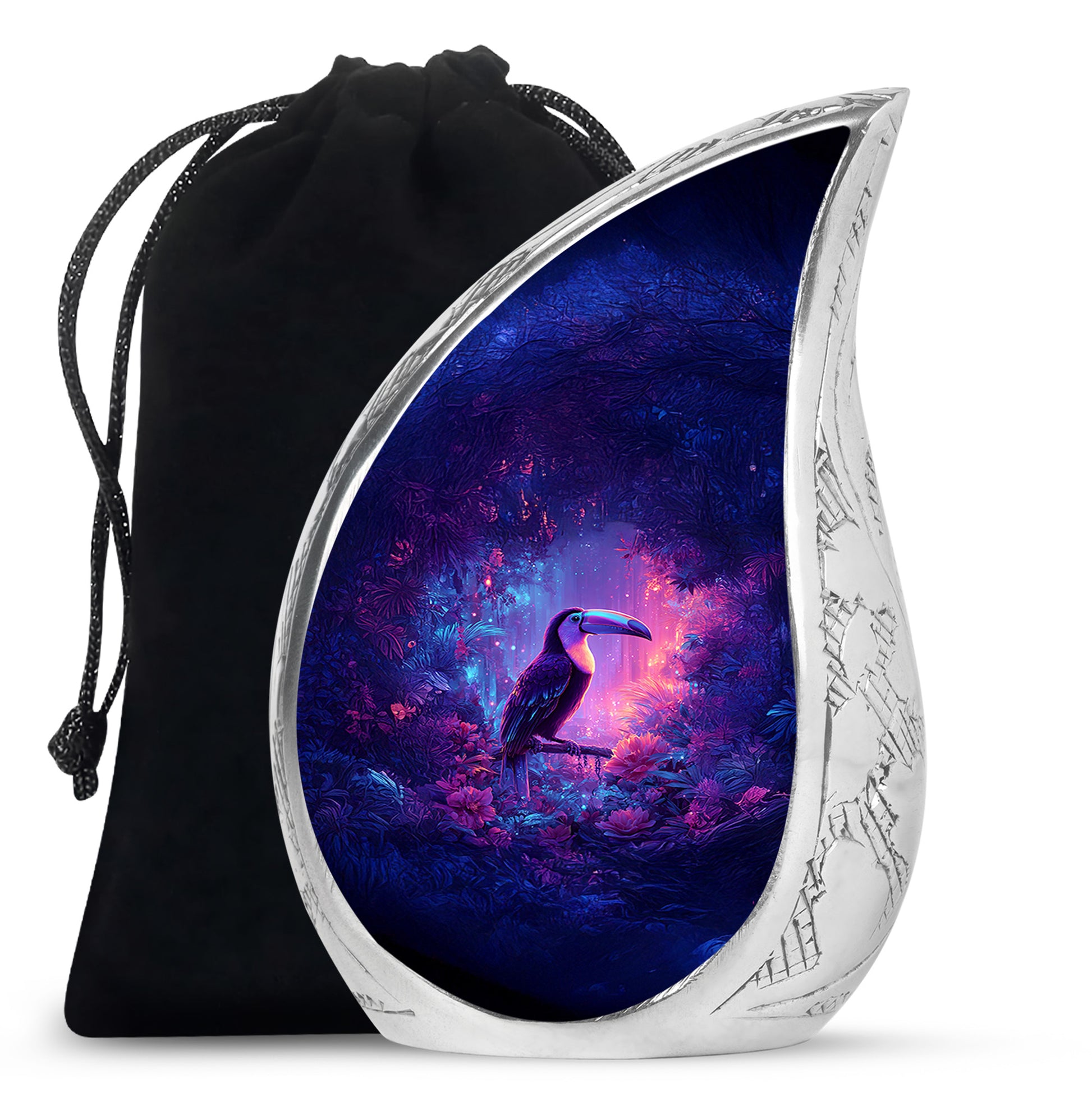 Sapphire Blue Hornbill Cremation Urn front view showing detailed design - smooth teardrop contour featuring hornbill art - full-size 10 inch 200 cubic inch adult cremation urn