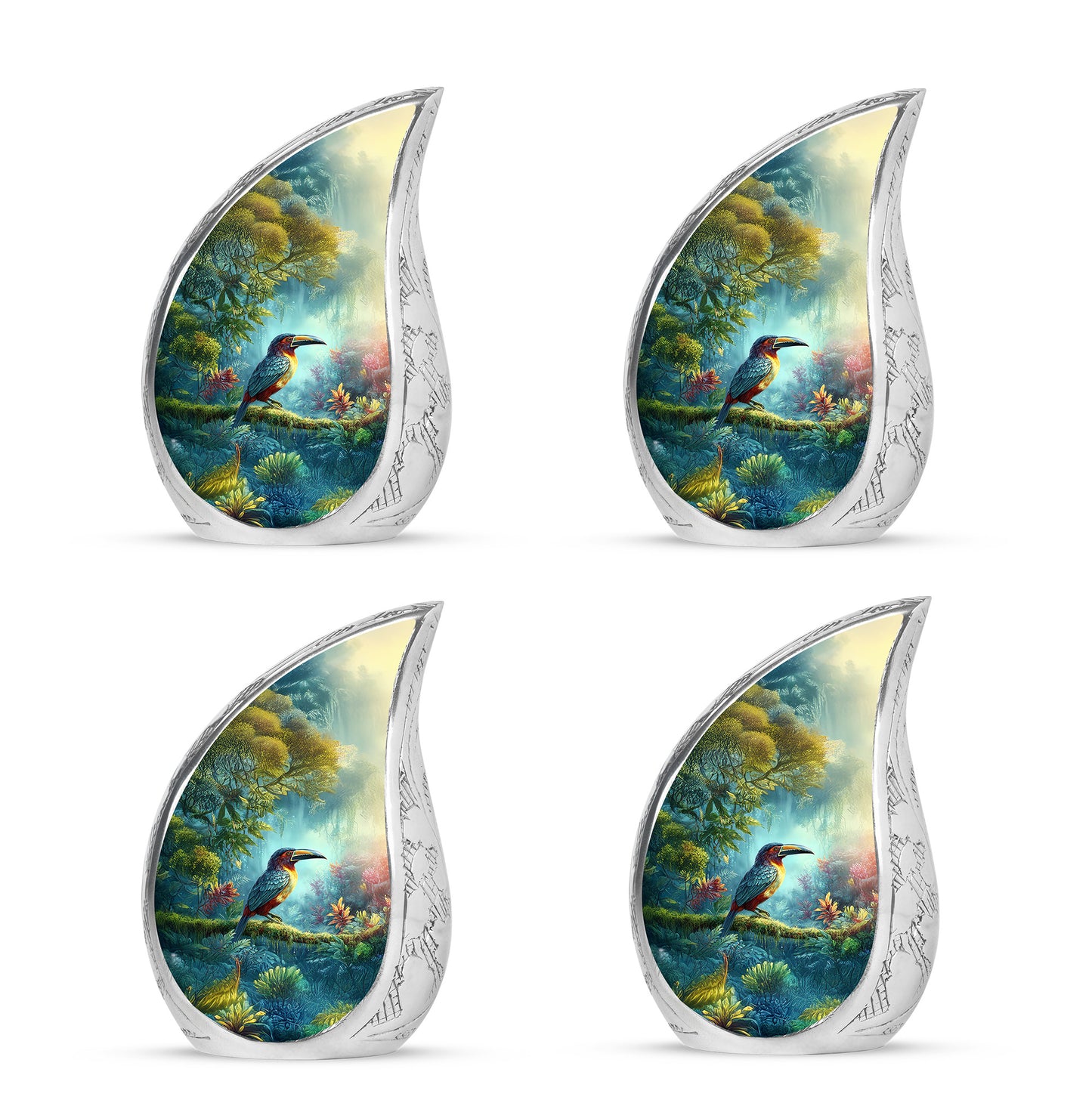 Sea Green Teal Hornbill Cremation Urn close-up of engraving and surface detail - rounded teardrop hornbill design with delicate detail - 10 inch aluminum urn for cremated remains