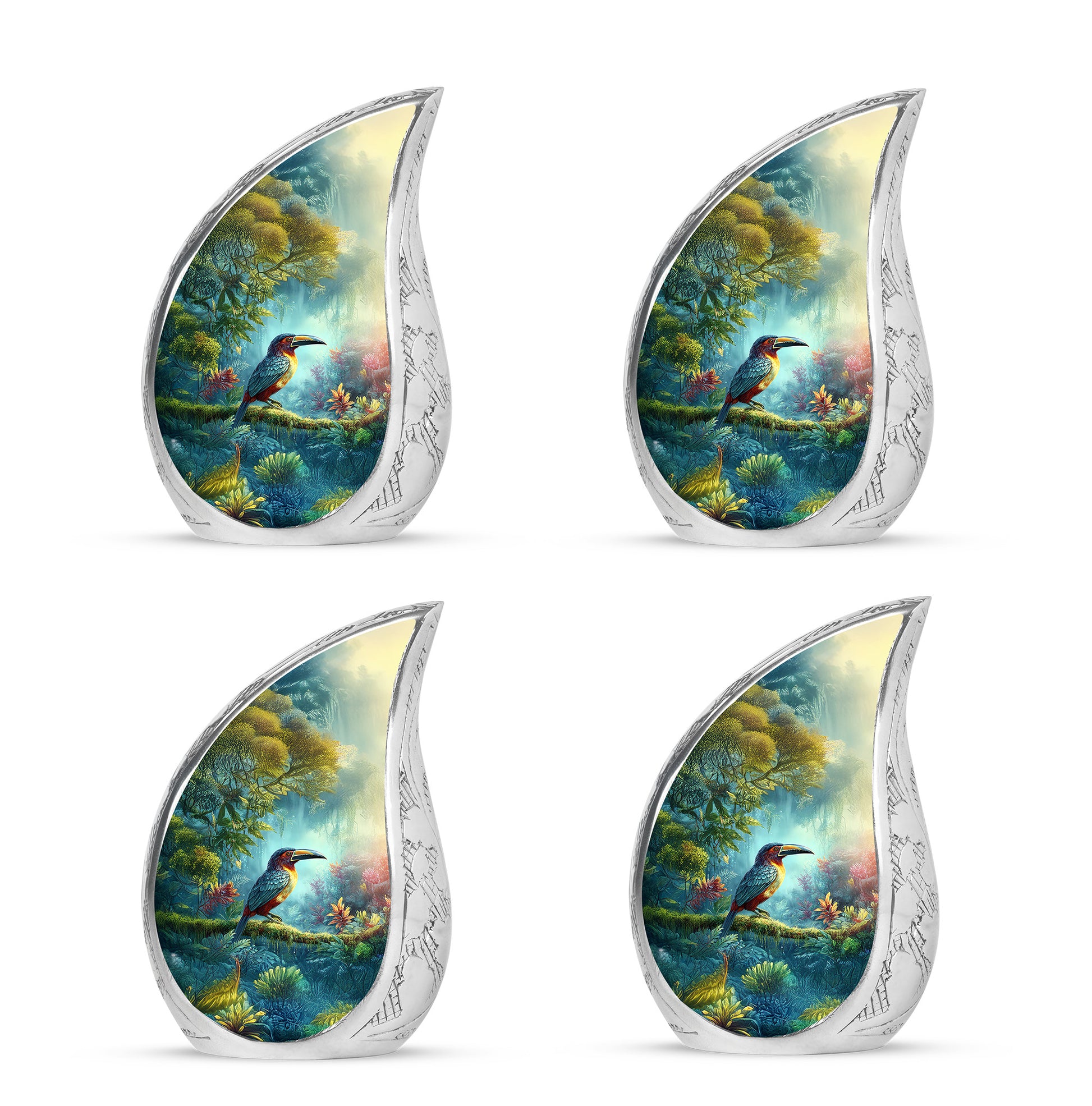 Sea Green Teal Hornbill Cremation Urn close-up of engraving and surface detail - rounded teardrop hornbill design with delicate detail - 10 inch aluminum urn for cremated remains
