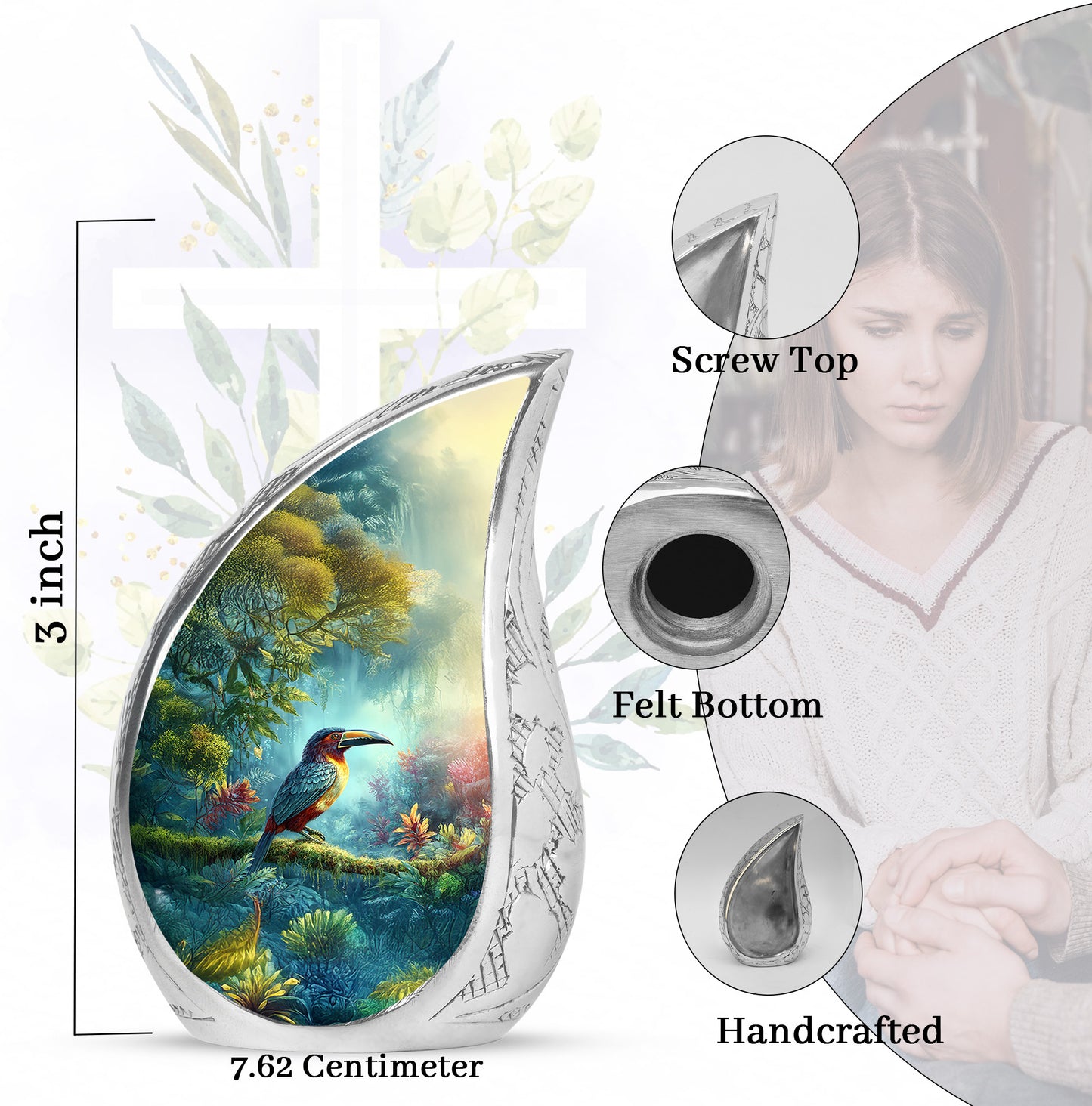 Sea Green Teal Hornbill Cremation Urn angled view of lid and engraved motif - rounded teardrop hornbill design with delicate detail - mini keepsake memorial for portion of cremation ashes