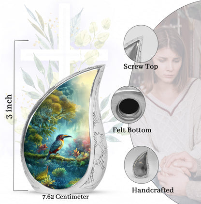 Sea Green Teal Hornbill Cremation Urn angled view of lid and engraved motif - rounded teardrop hornbill design with delicate detail - mini keepsake memorial for portion of cremation ashes