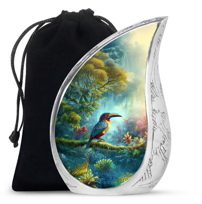 Deep Teal Hornbill Cremation Urn front view showing detailed design - smooth teardrop contour featuring hornbill art - full-size 10 inch 200 cubic inch adult cremation urn