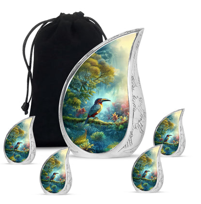 Deep Teal Hornbill Cremation Urn side profile showing urn shape - smooth teardrop contour featuring hornbill art - memorial set with one large and four small urns