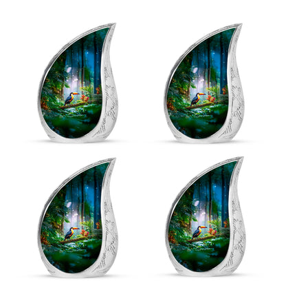 Forest Green Hornbill Cremation Urn close-up of engraving and surface detail - graceful tear-shaped urn with hornbill motif - 10 inch aluminum urn for cremated remains