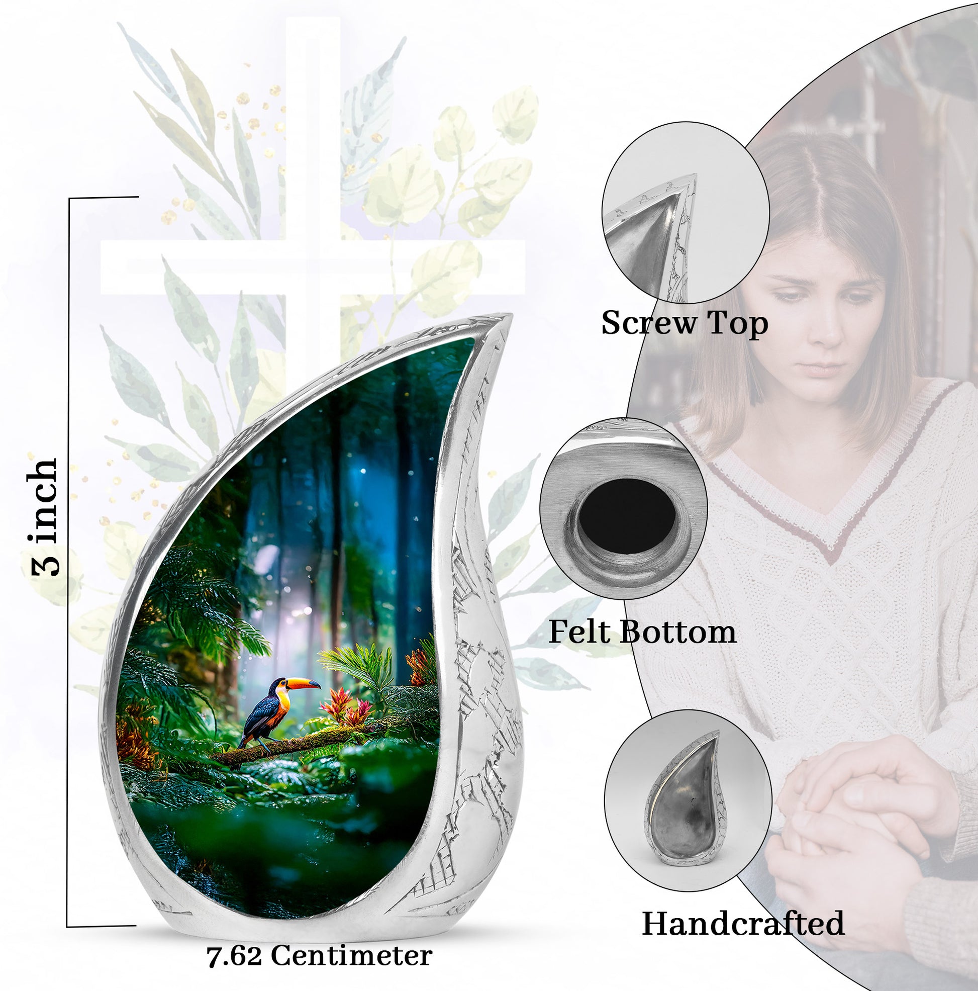 Moss Green Hornbill Cremation Urn angled view of lid and engraved motif - rounded teardrop hornbill design with delicate detail - mini keepsake memorial for portion of cremation ashes