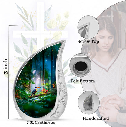 Moss Green Hornbill Cremation Urn angled view of lid and engraved motif - rounded teardrop hornbill design with delicate detail - mini keepsake memorial for portion of cremation ashes