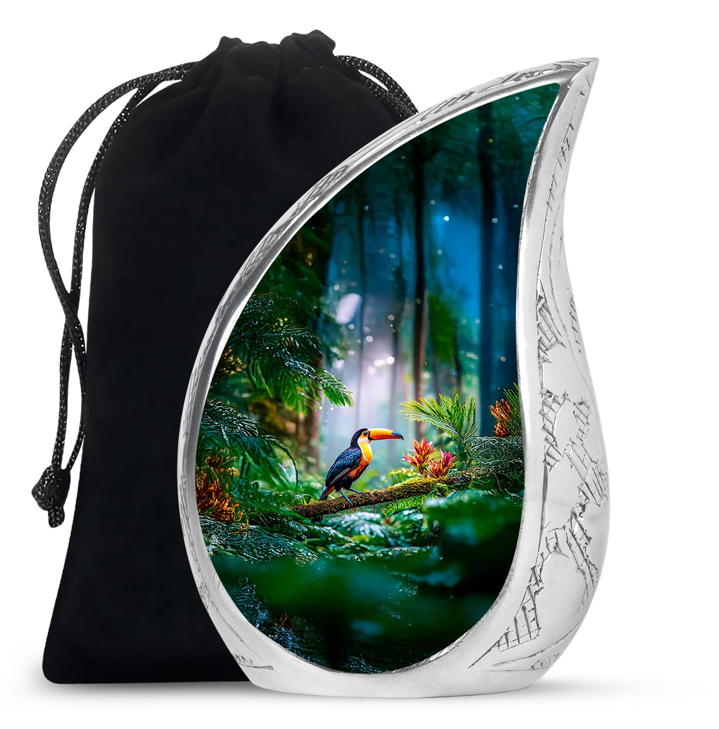 Verdant Green Hornbill Cremation Urn front view showing detailed design - flowing teardrop hornbill silhouette on curved aluminum - full-size 10 inch 200 cubic inch adult cremation urn