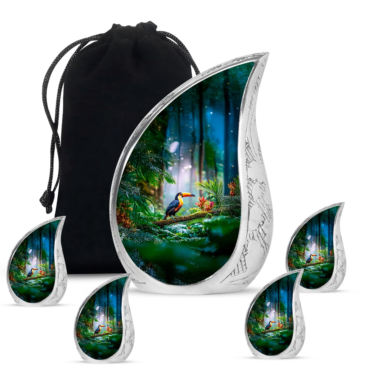 Emerald Green Hornbill Cremation Urn side profile showing urn shape - flowing teardrop hornbill silhouette on curved aluminum - memorial set with one large and four small urns